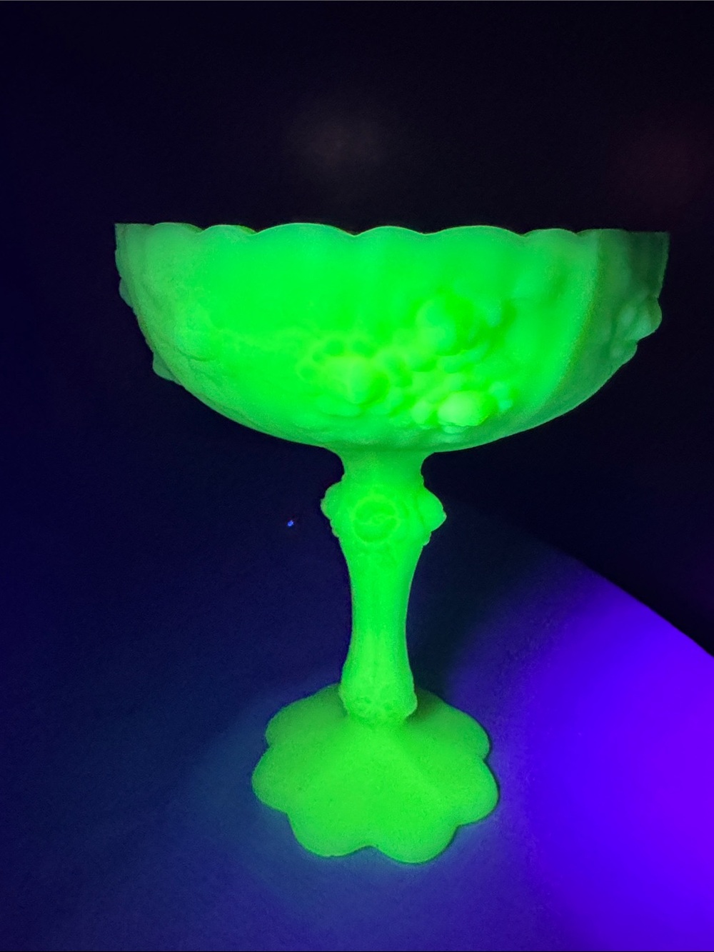 Fenton Cabbage Rose Custard Glass Uranium Satin Pedestal Candy Dish 7.75”